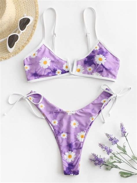 Off Zaful Daisy Print Tie Dye V Wired High Cut Bikini