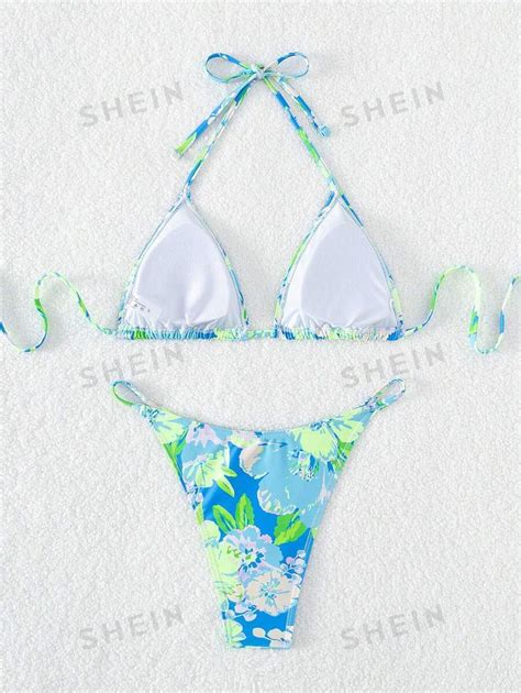 Shein Swim Summer Beach Floral Print Bikini Set Halter Triangle Bra