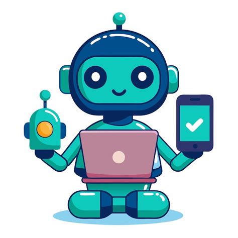 Cute Robot Holding Phone With Laptop Cartoon Vector Icon Illustration Science Technology Icon