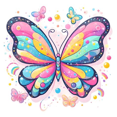 Linda Mariposa De Dibujos Animados Con Alas De Arco Iris En Fondo Rosa