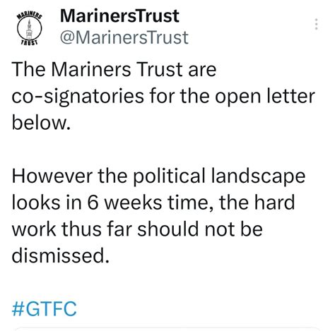 Football Governance Bill Trust Co Signatories Mariners Trust