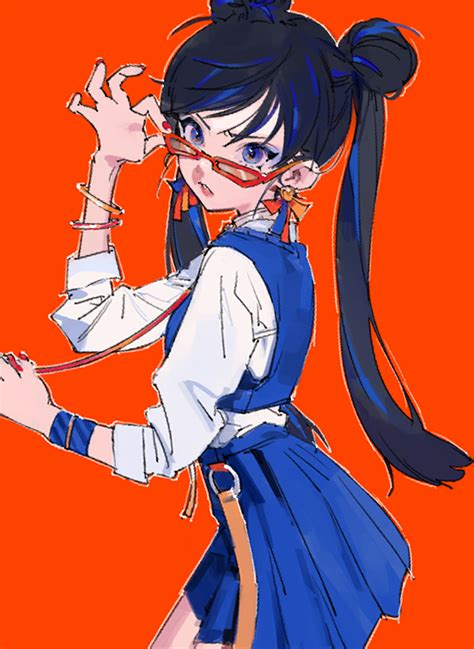 Safebooru 1girl Black Hair Blue Eyes Blue Skirt Double Bun Glasses