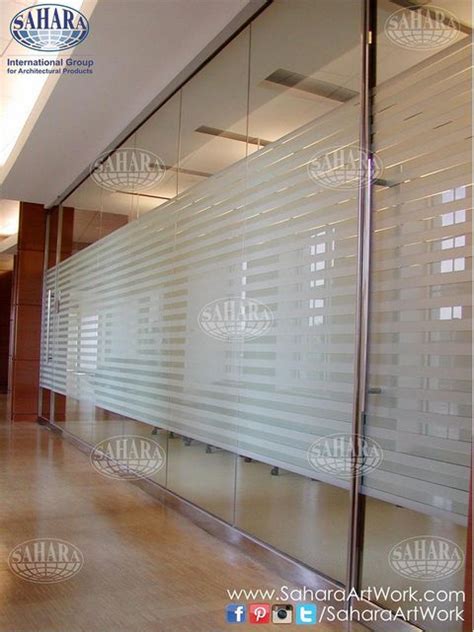 Office Door And Partitions Made From Clear Glass Sandblasted Stripes