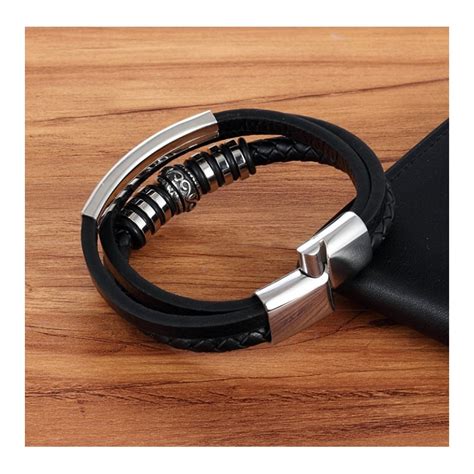 Pulsera De Hombre En Cuero Negro Con Detalles En Acero Inoxidable