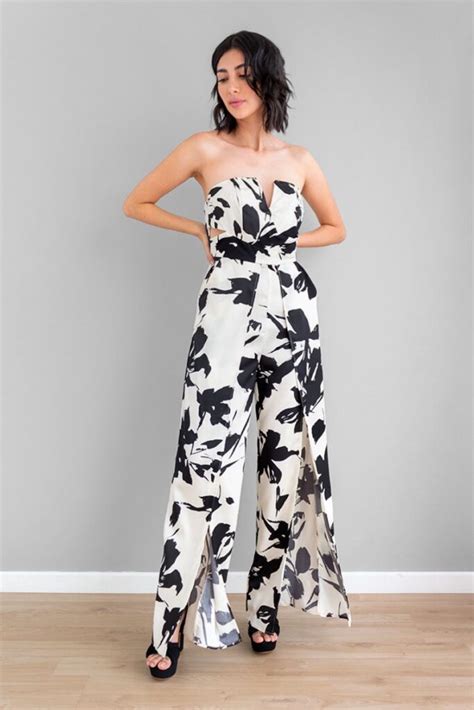 Enterizo Strapless Aberturas Blanco Print Negro Petunia