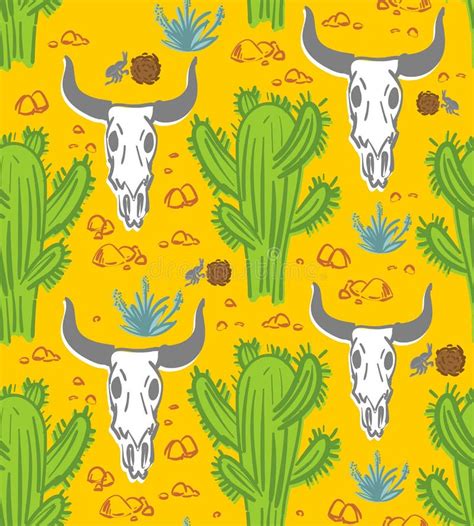 Desert Pattern Seamless Hand Drawing Cow Skull And Cactus Background