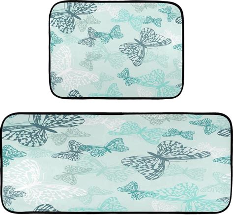 GZHJMY Kitchen Rugs 2 Piece Waterproof Non Slip Kitchen Mat, Butterfly Teal Kitchen Rug Set for ...