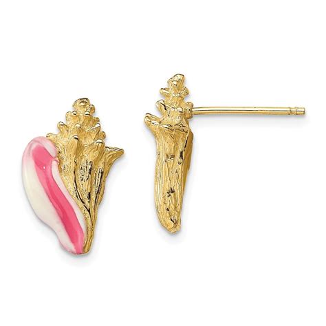 Jewelryweb 14k Gold Enamel Conch Shell Post Earrings Pink And White