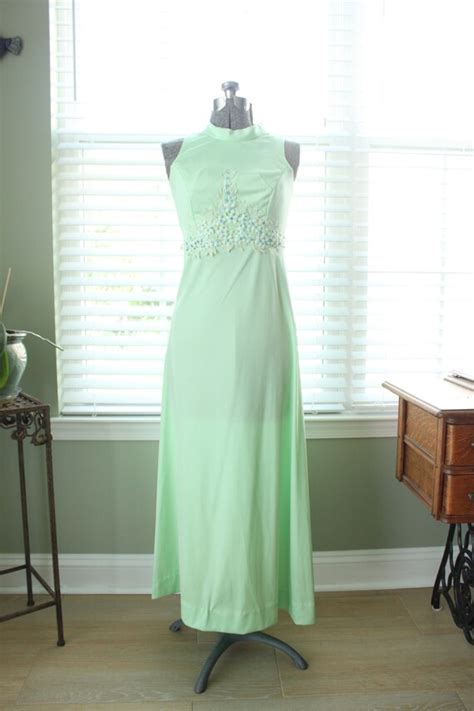 1970s Seafoam Green Maxi Dress With Embroidery And Te Gem