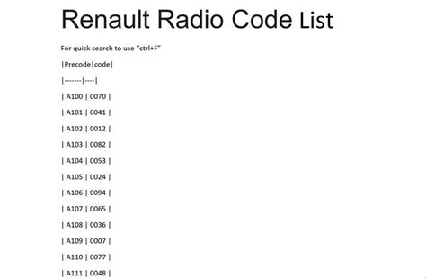 Renault Radio Code List Radio Code Radio Coding