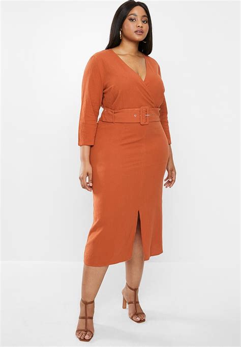 Plus Belted 3 4 Sleeve Wrap Dress Rust Glamorous Dresses