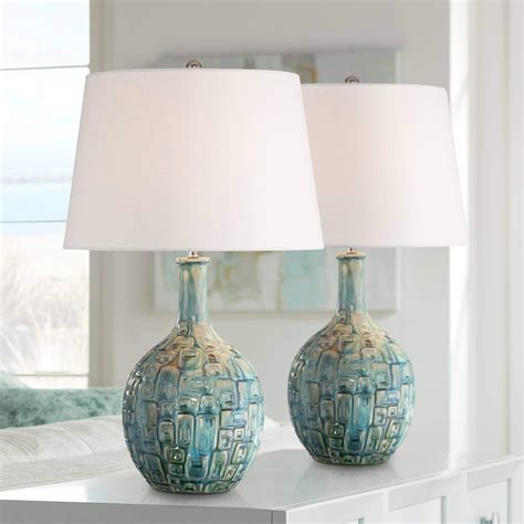 360 Lighting 26 High Gourd Mid Century Modern Coastal Table Lamps Set Of 2 Teal Ceramic Fabric