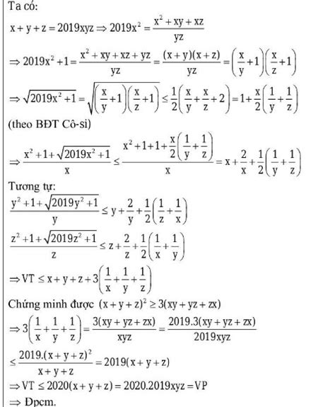 Cho X Y Z Là Các Số Thực Dương Thỏa Mãn X Y Z 2019xyz Chứng Minh Rằng Toán Học Lớp 9