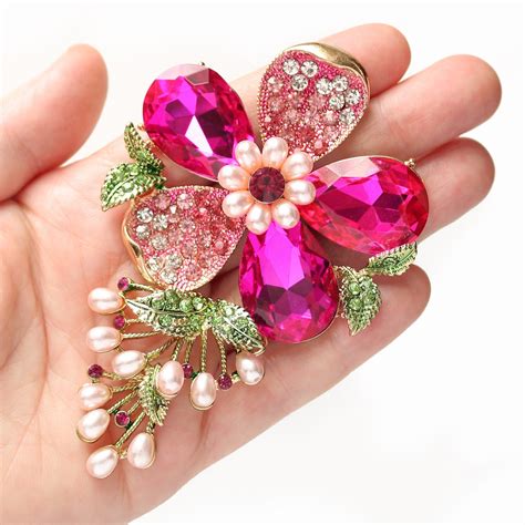 Large Pink Rhinestone Brooch Inch Pearl Crystal Flower Broach Bridal