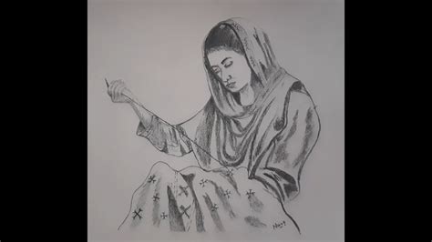 Women Doing Phulkari Embroidery How To Draw A Women Portrait Pencil