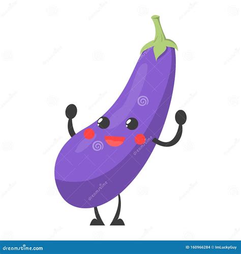 Cute Funny Eggplant With Face Vegetable Character Happy Smile Stock