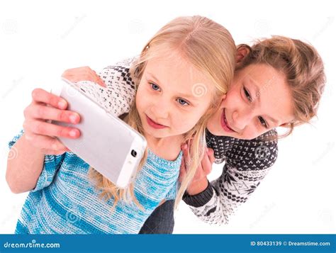 Two Teen Girls Make Selfie On A White Background Stock Image Image Of