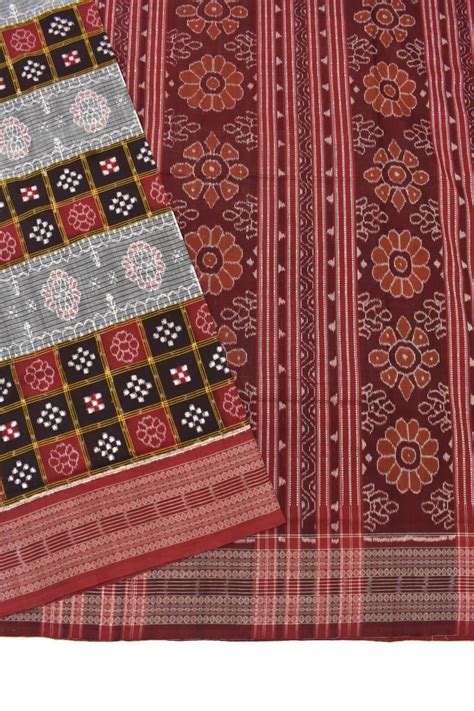 Gray Maroon Pasapali Design Sambalpuri Handloom Cotton Saree