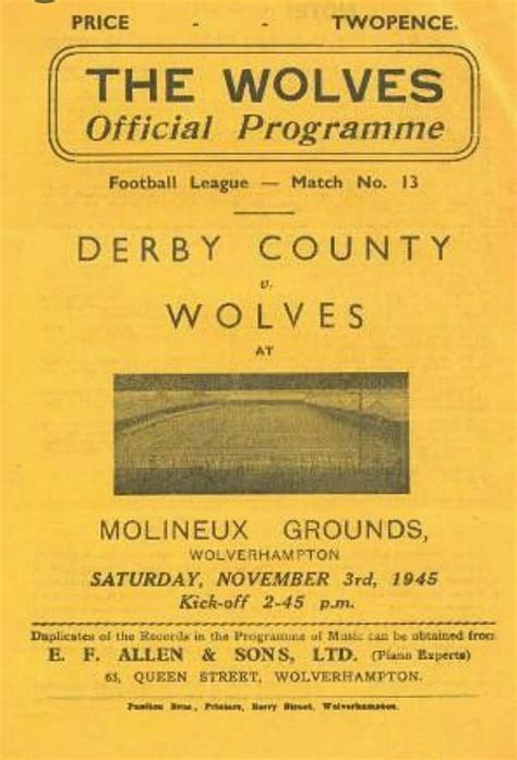 The Wolves Official Programme At Molineux Grounds Nov 3rd 1945 Derby