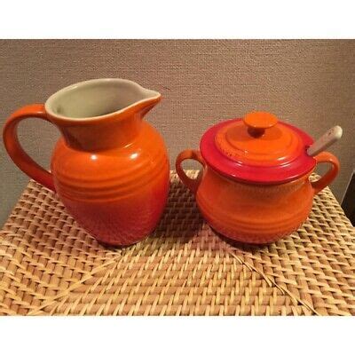 Le Creuset Sugar Pot Milk Jug Set With Spoon Orange Stoneware Mint