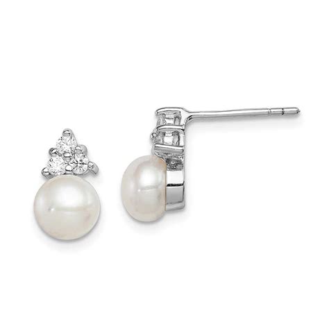 Sterling Silver Rhodium Plated 6 7mm White FWC Pearl CZ Post Earrings