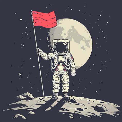 Astronaut Standing Holding Flag On Moon Illustration With Tshirt Design