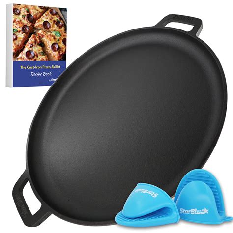 Starblue 16 Inch Cast Iron Pizza Pan Round Griddle With Free Silicone Handles And 30 Recipes