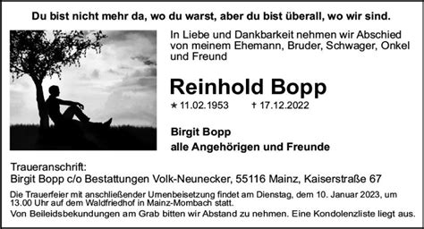 Traueranzeigen Von Reinhold Bopp Vrm Trauer De