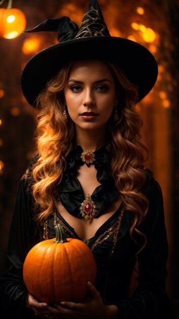 Premium Ai Image Woman Wearing Witch Costume Holding A Pumpkin