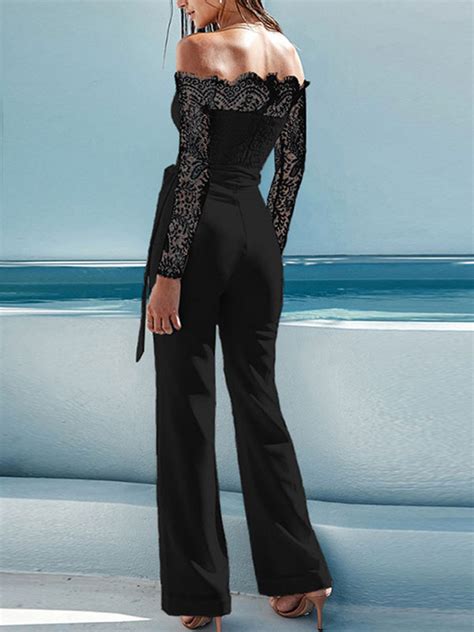 Jumpsuit Damen Overall Langarm Und Carmenausschnitt Und Spitzen Schwarz