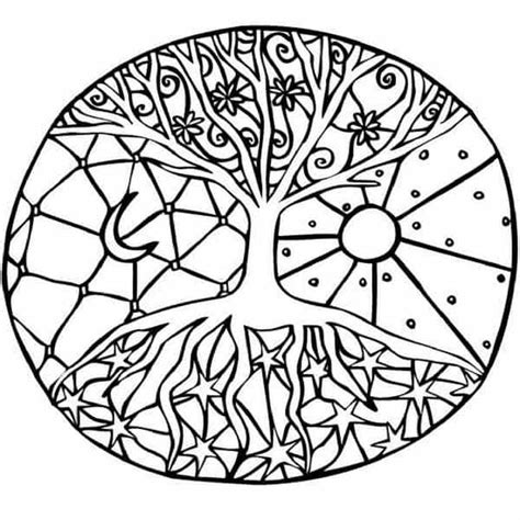 A Black And White Drawing Of A Tree In A Circle With Geometric Designs On It