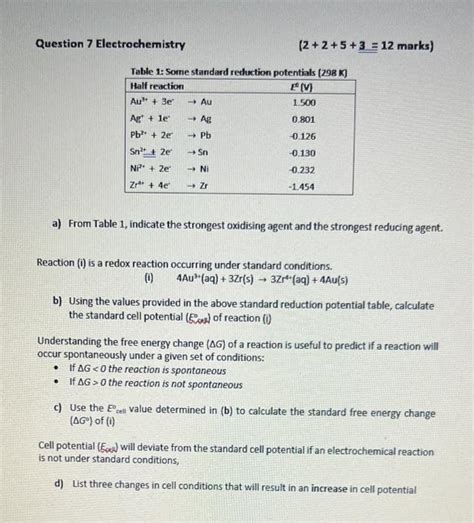 Solved Question Electrochemistry Marks Table Chegg