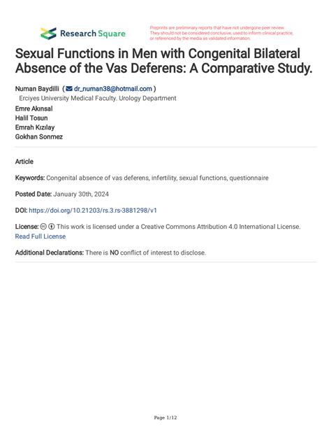 Pdf Sexual Functions In Men With Congenital Bilateral Absence Of The Vas Deferens A