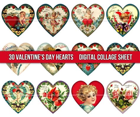 Valentines Day Digital Collage Sheet Heart Digital Collage Etsy