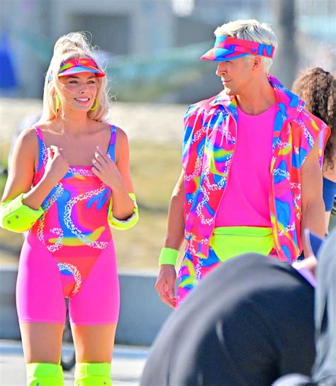 Margot Robbie And Ryan Gosling Skate In Matching Neon For Barbie 2023