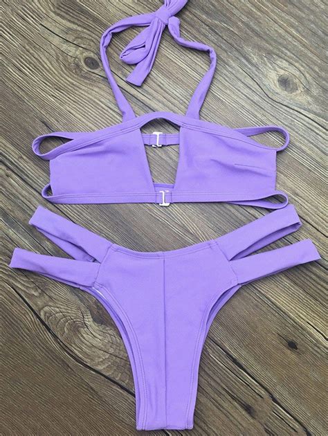 Off Side Strap Cut Out Halter Bikini In Purple Zaful