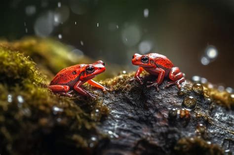 Dos Ranas Rojas Se Sientan En Un Tronco Bajo La Lluvia Foto Premium