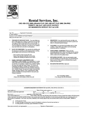 Fillable Online Day Intent To Vacate Rental Services Inc Fax Email