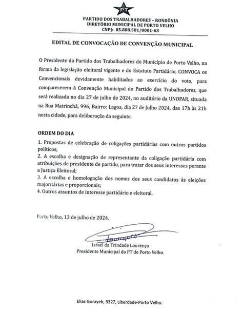 Edital De Convoca O Conven O Municipal Partido Dos Trabalhadores