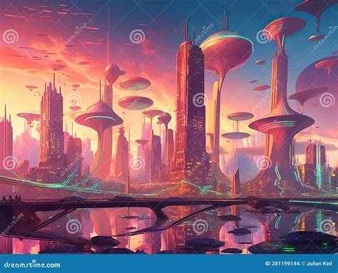 Glowing Futuristic City Skyline With Floating Cars Stock Illustration