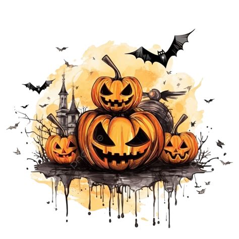 Happy Halloween Illustration With Pumpkin And Bats Flying Halloween