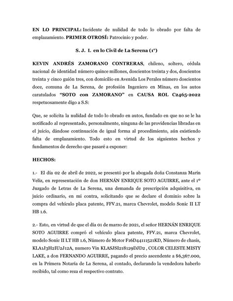 Nulidad De Todo Lo Obrado Por Falta De Emplazamiento Primer OtrosÍ