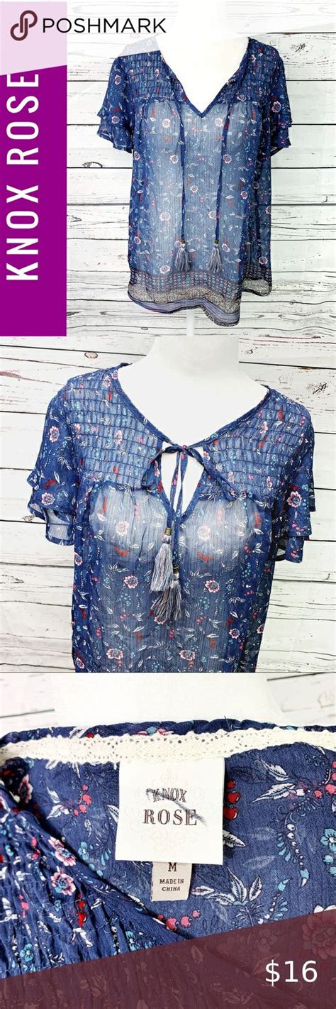 Knox Rose Blue Floral Sheer Short Sleeve Blouse Sheer Shorts Knox