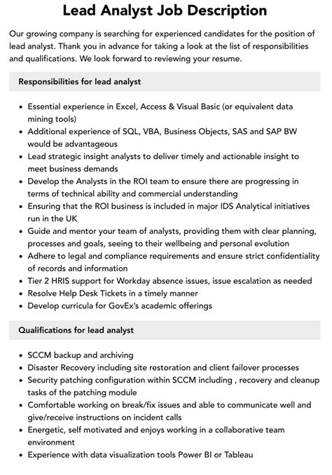 Lead Analyst Job Description Velvet Jobs