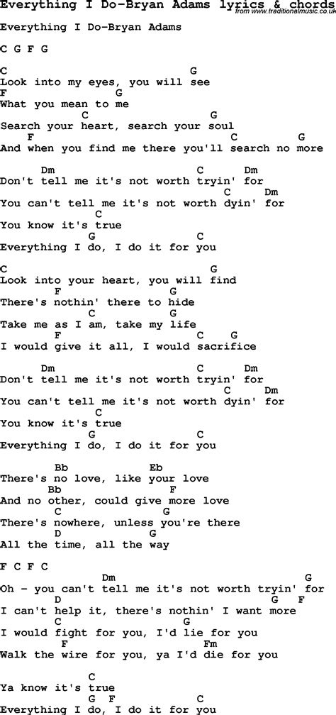 Love Song Lyrics For Everything I Do Bryan Adams With Chords For