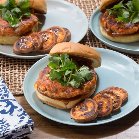 Recipe Hoisin Mayo Salmon Burgers With Roasted Sweet Potato Rounds Blue Apron