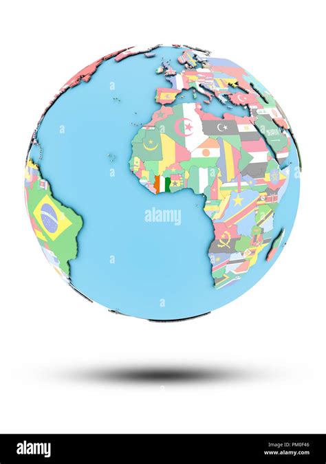 Ivory Coast On Political Globe With National Flags Isolated On White