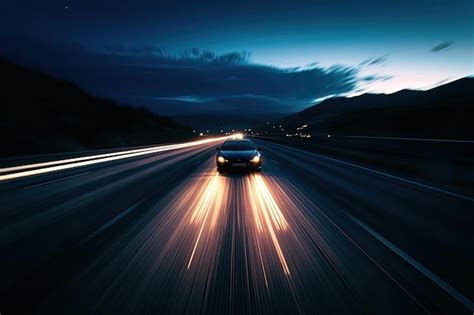 Premium Photo A Car Speeding Down A Highway At Night Headlights