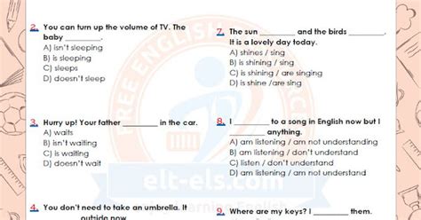 Present Continuous Tense Multiple Choice Test Elt Els