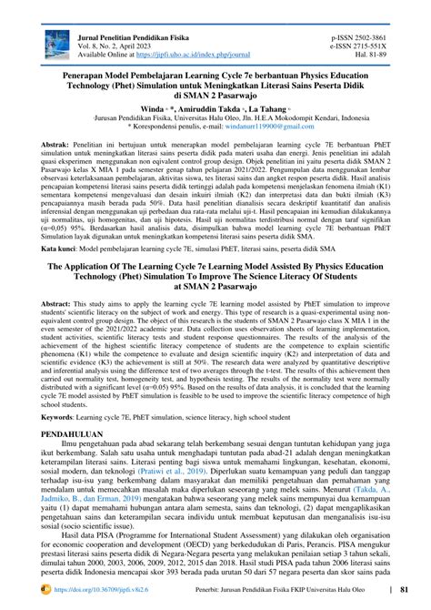 Pdf Penerapan Model Pembelajaran Learning Cycle E Berbantuan Physics